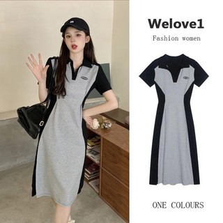 QOEDDV Đầm Dài Tay Ngắn Cổ polo Màu Sắc Tương Phản Phong Cách Hàn Quốc Thời Trang Cho Nữ