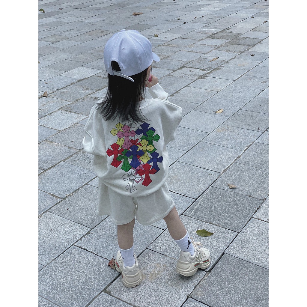 Set áo nỉ dài tay quần short chorme heart sắc màu cho bé (8-30kg) , bộ áo sweater quần đùi trẻ em un