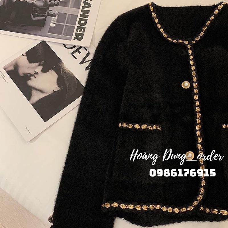 Áo Khoác Cardigan Len Nữ Giả Dạ Tweed Cổ Tròn Viền Kim Tuyến Cúc Ngọc Dài Tay Hàng Quảng Châu Phong Cách Hàn Quốc