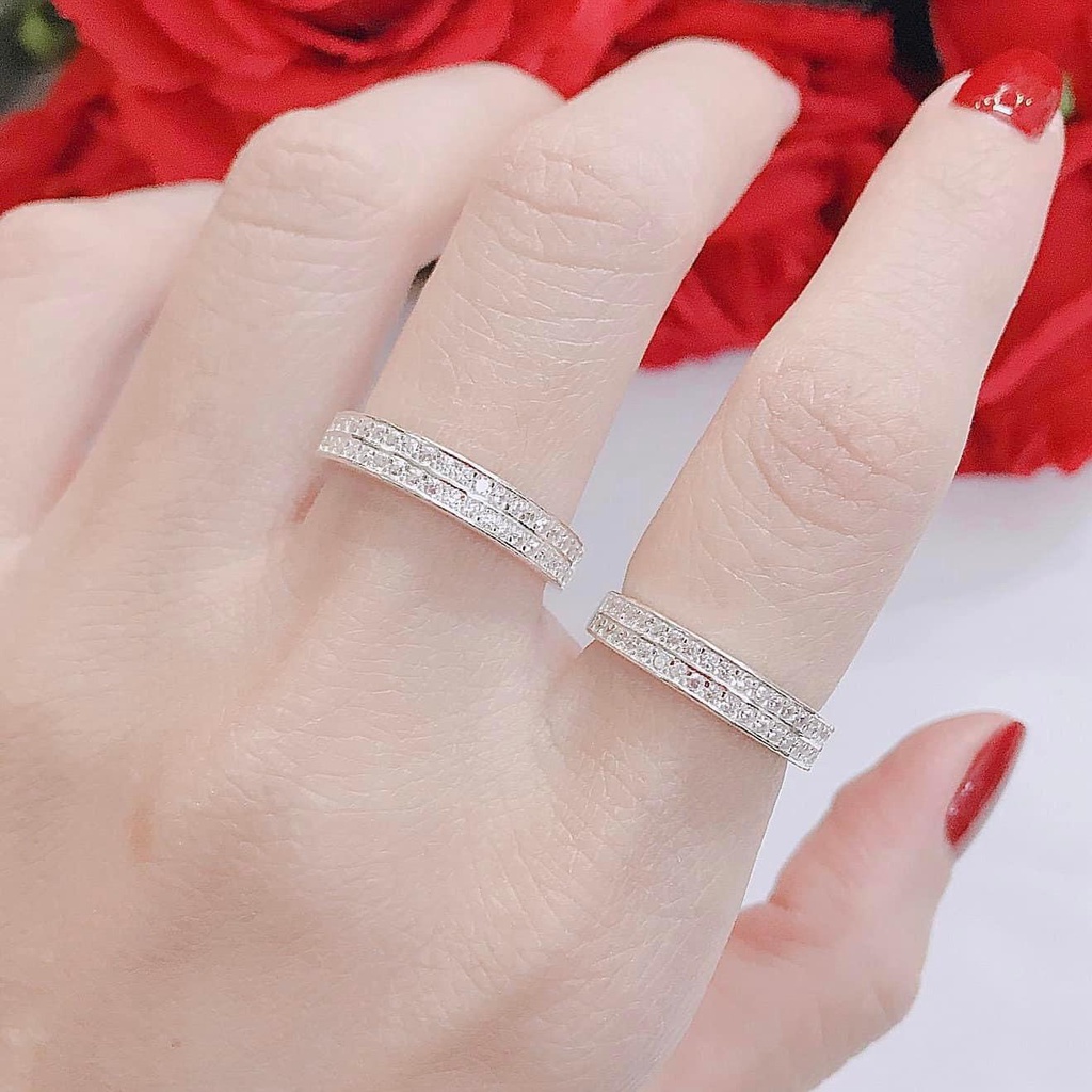 Nhẫn nữ bạc ta đính đá sáng bóng tặng kèm hộp đựng - Nhẫn 2 hàng đá bạc ta