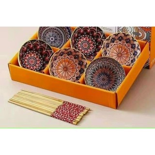 Set 6 bát con ăn cơm thổ cẩm vintage + 6 đôi đũa