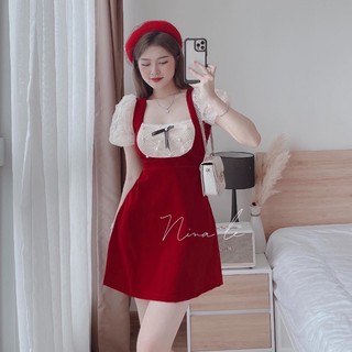váy Tết nhung phối ren thêu tay ib màu cho shop