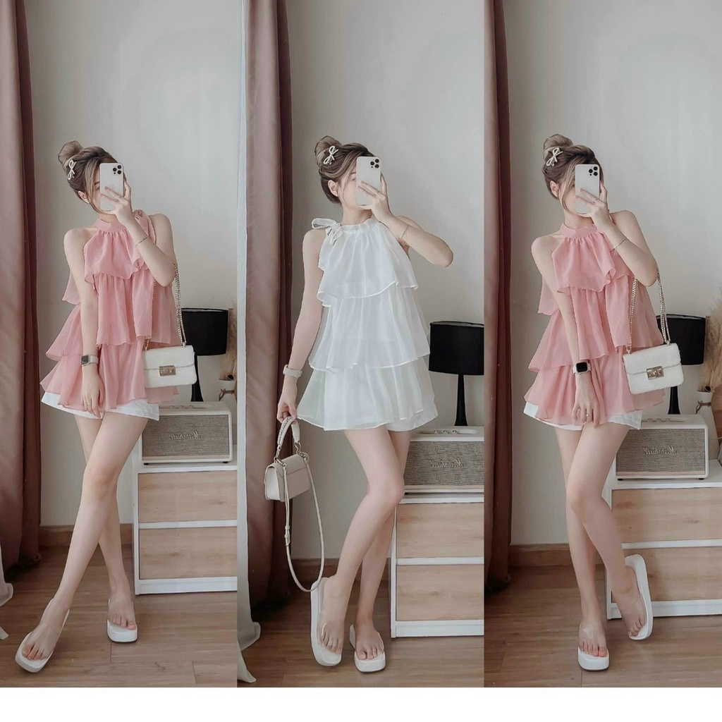 (Sale FreeShip) Sét bộ nữ cột yếm cổ,thiết kế tầng from giấu quần,chất voan tơ 2 lớp hàng chuẩn shop,diện đi đâu cũng xi