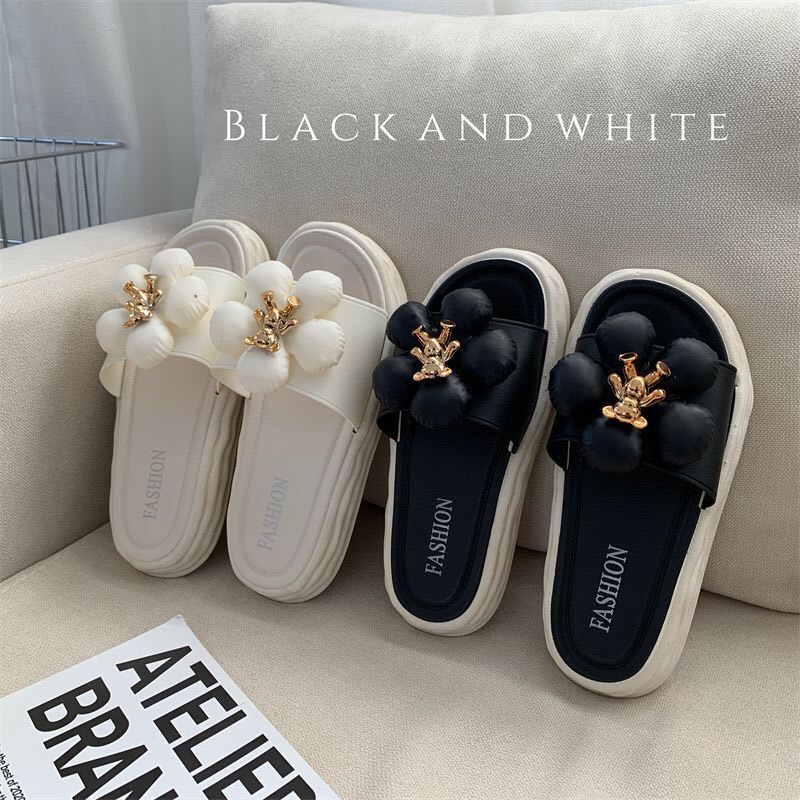 JY376-D1 HOA PHỐI GẤU NÂU Dép  nữ quai ngang dễ thương cực xinh  bánh mì   đế 5p nâng gót vintag cho nữ