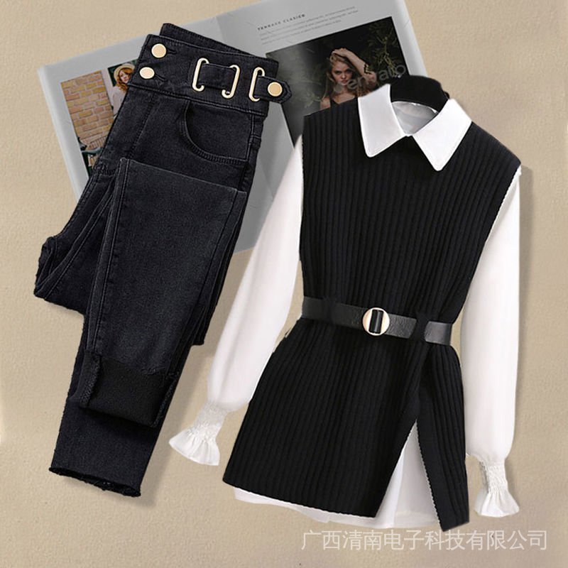 Set Đồ Jeans Ba Món Gồm Áo Dệt Kim Sát Nách + Quần Jeans Có Size Lớn Thời Trang Thu Đông Mới 2022 Cho Nữ