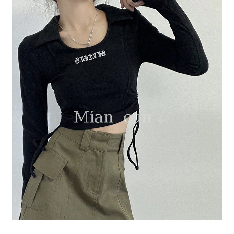 Áo thun COZOKC tay dài rút dây thêu chữ thời trang trẻ trung