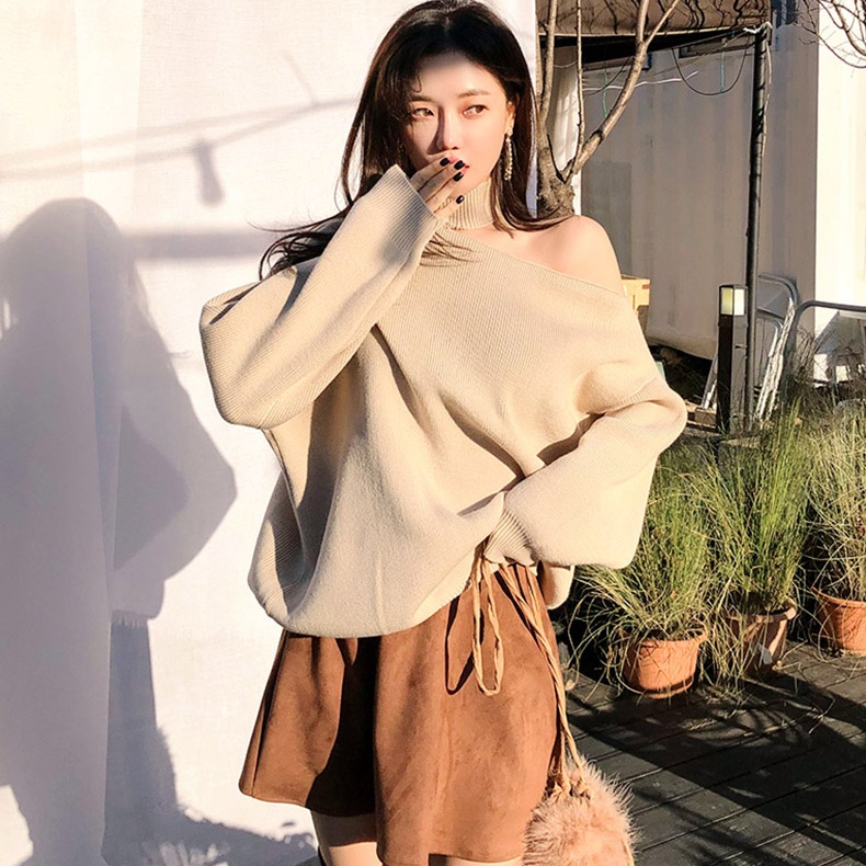 Áo sweater SUXI hở một bên vai màu sắc đơn giản phong cách Hàn Quốc thời trang cho nữ