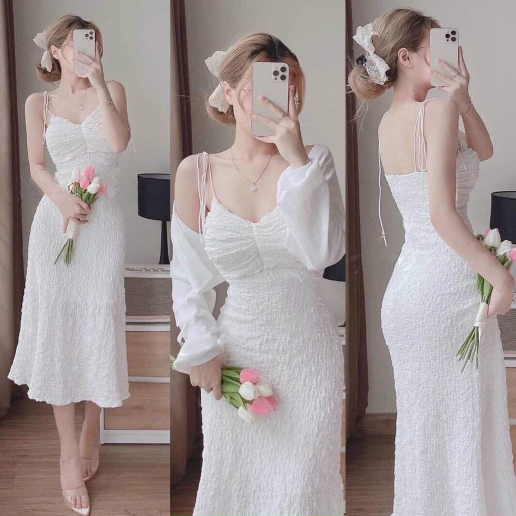 Sét Váy Đầm Nữ 2 Dây Chất Xốp Dập Ly Ngực ( Có Lót ) Kèm Áo Khoác Ngoài Tay Dài Cotton Lạnh Thiết Kế Sang Chảnh