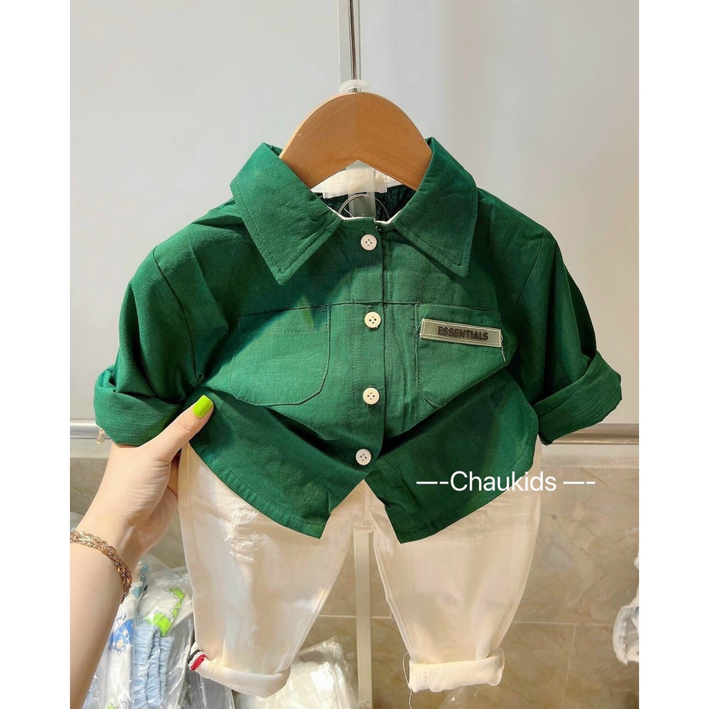 bộ quần áo bé trai, set bộ áo sơ mi túi ngực thêu tem Logo kèm quần kaki cho bé
