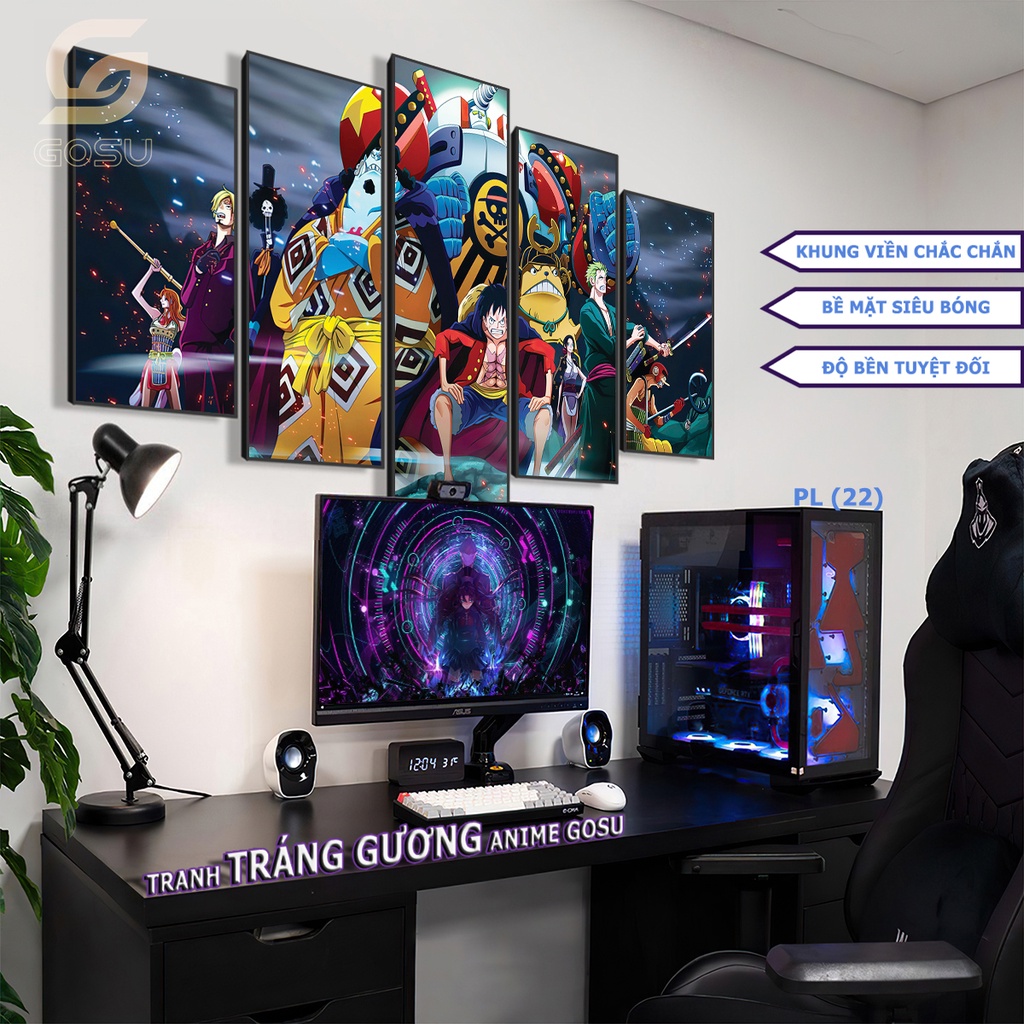 Set 5 Tranh Ghép Treo Tường anime đã có Khung chủ đề One Piece, Dragon ball Super,  Kimetsu No Yaiba decor góc Gaming