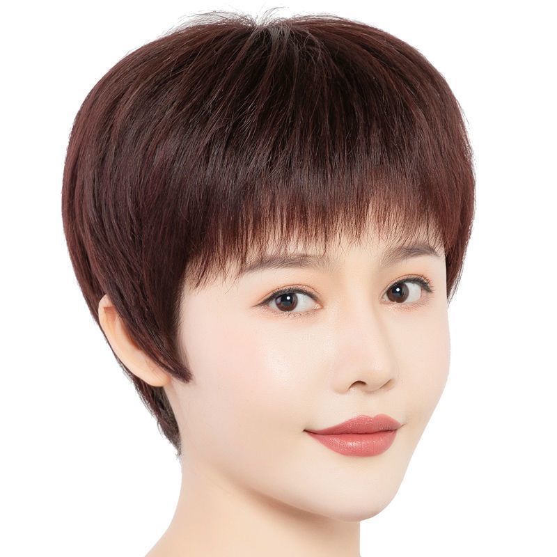 Tóc giả phụ nữ trung niên và người già tóc ngắn trung niên tóc thật lụa toàn đầu che sóng bộ tóc giả ngắn thẳng bộ tóc g