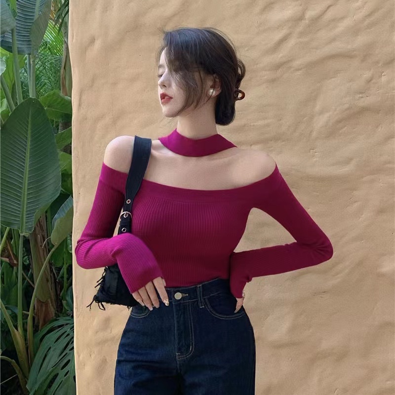 Áo dệt kim SUXI trễ vai dáng ôm phong cách vintage thời trang mùa thu quyến rũ cho nữ