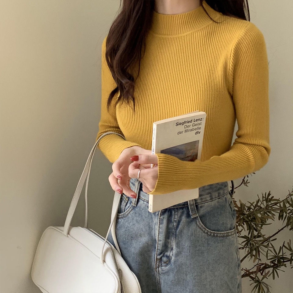 Áo Dệt Kim Mỏng Cổ Cao Tay Dài Màu Trơn Thời Trang Thu Đông Hàn Quốc Mới