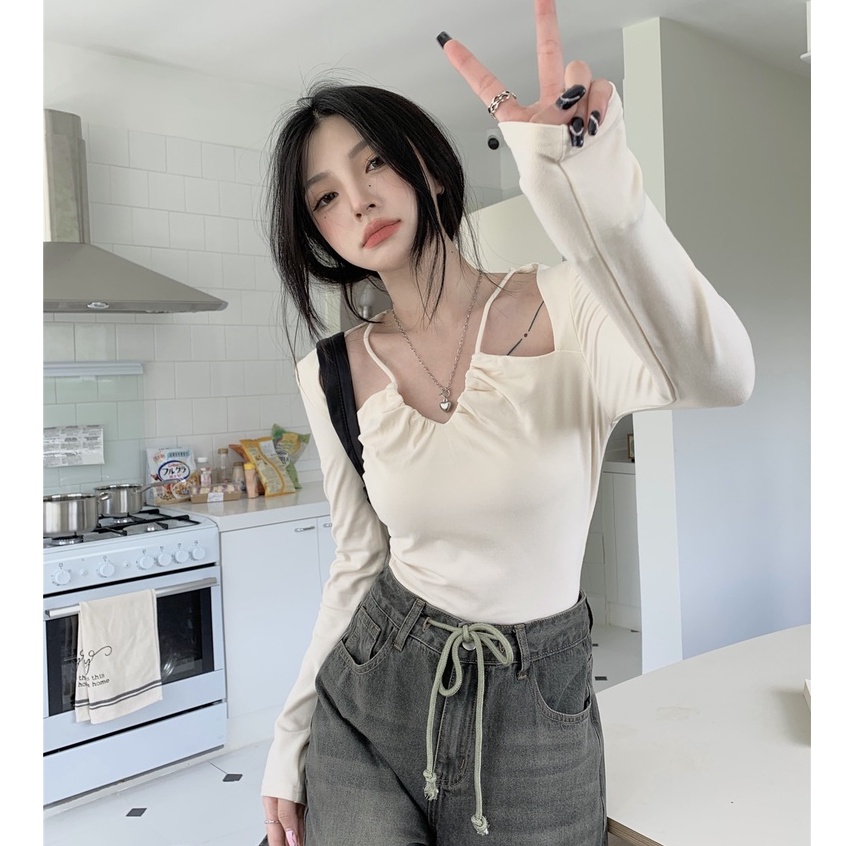 QKOOLE Áo Thun Tay Dài Cổ Chữ V Dễ Phối Đồ Thời Trang Phong Cách Hàn Quốc Cho Nữ