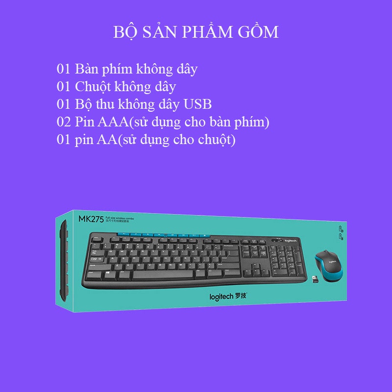 Combo bộ bàn phím và chuột không dây Logitech MK275 có 8 phím media tiện dụng, 1 đầu thu USB - Hàng chính Hãng