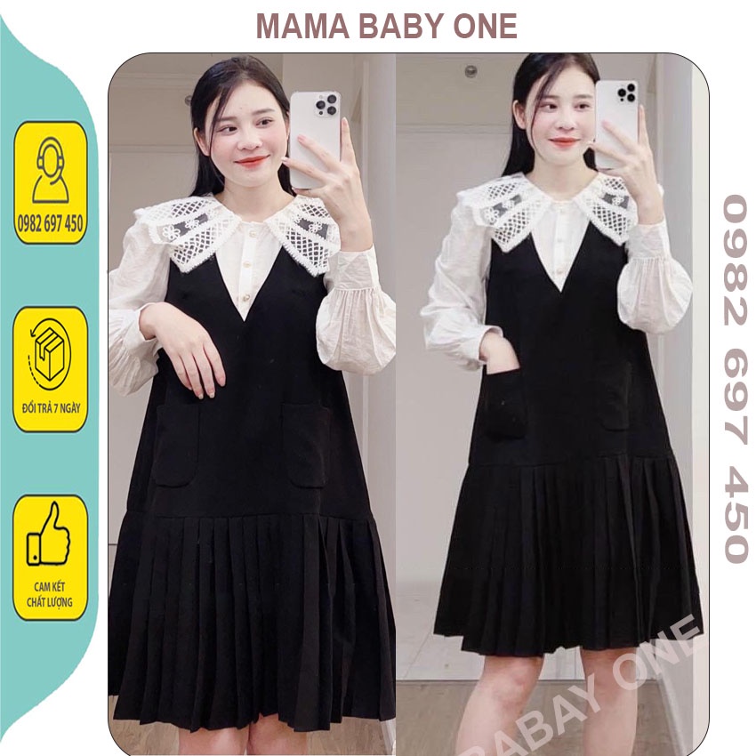 VÁY BẦU BẦU THỜI TRANG THU ĐÔNG DÀI TAY-ĐẦM BẦU DỰ TIÊC THIẾT KẾ CỔ REN PHA CHÂN XẾP LY