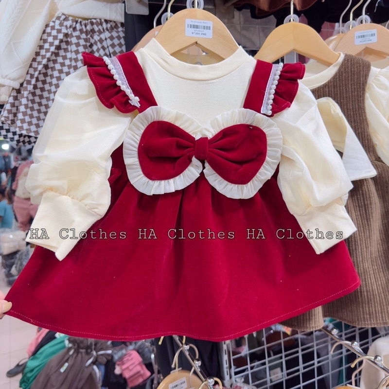 Set váy nhung tay bồng cao cấp cho bé gái