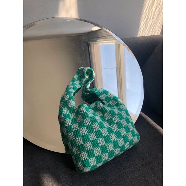 Túi len đeo vai phối caro dễ thương - checkerbag crochet