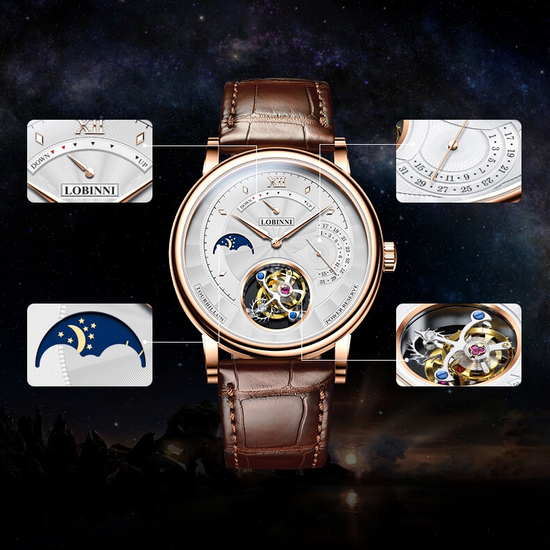 Đồng Hồ Nam LOBINNI No.8883-1 Máy Tourbillon Cao Cấp Chính Hãng BH 24T Chịu Nước 50m Kính Sapphire Chống Xước Dây Da