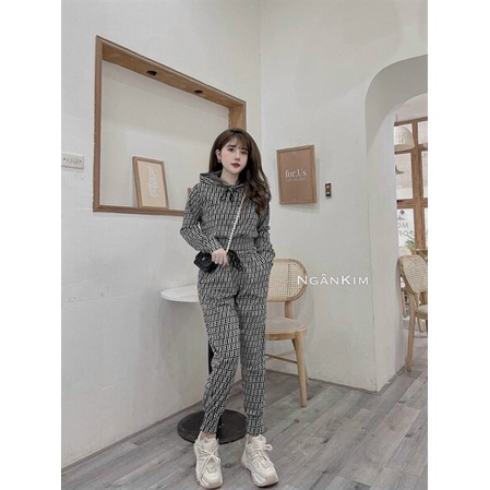 [11.11 Sale Freeship] Set bộ thời trang nữ,set bộ thun áo tay dài có mũ kèm quần dài có túi in họa tiết đi chơi dạo phố