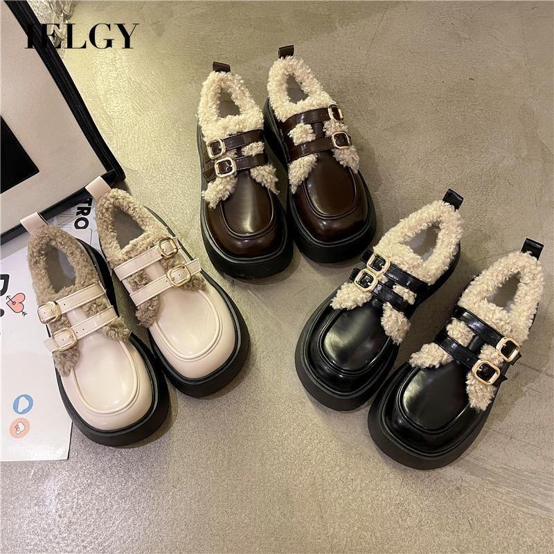 Giày Da Mũi Tròn Phối Dây Khóa Thời Trang Cho Nữ