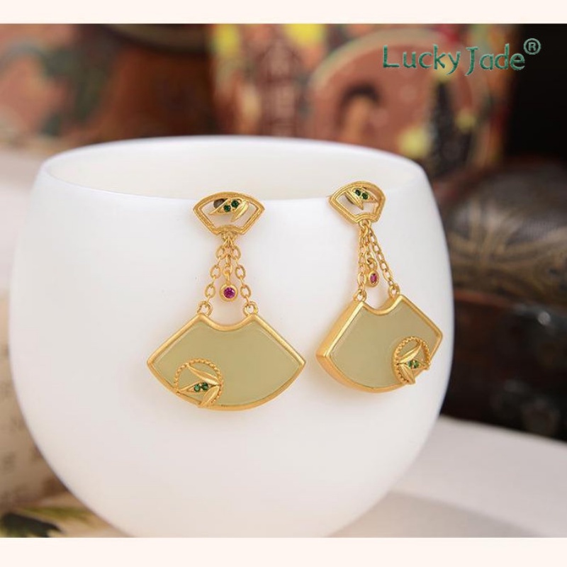 Bông Tai Mạ Vàng 925 Đính Đá Ngọc Bích Trắng 18K Sang Trọng