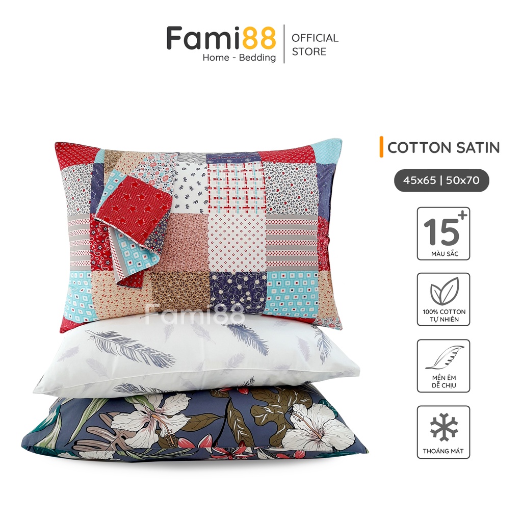 Vỏ gối nằm Cotton Satin 45x65 50x70cm họa tiết đẹp FAMI88, bao áo gối nằm cotton 100% sợi tự nhiên cao cấp.