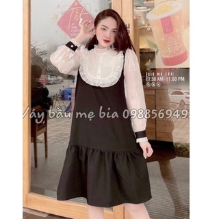 Váy bầu bigsize 40-100kg váy bầu thu đông - đầm bầu gume màu đen cổ yếm organza trắng nhún bèo size 40-100kg mb254