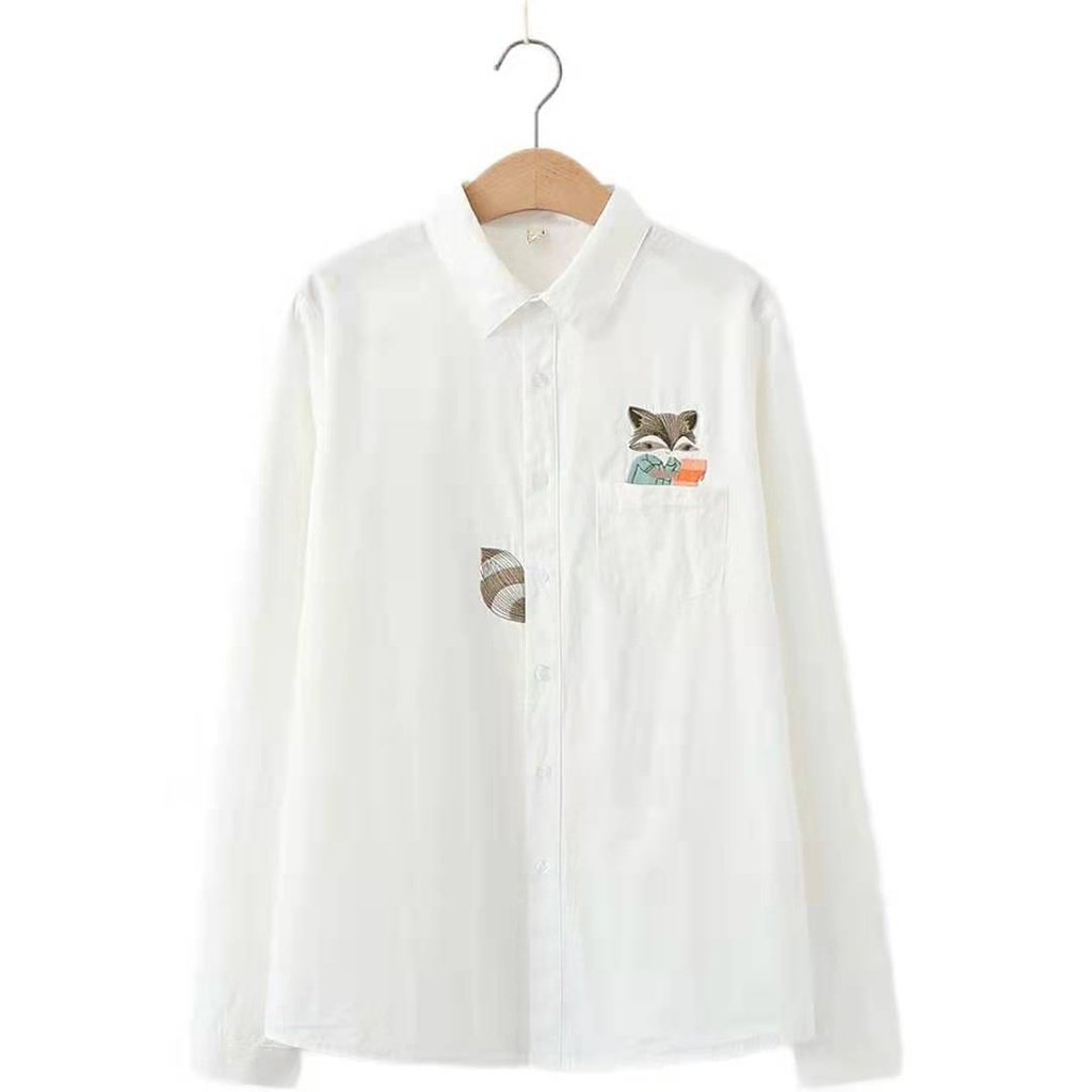 Áo Sơ Mi Tay Dài Chất Cotton Hoạ Tiết Sóc Thêu Size S-3Xl