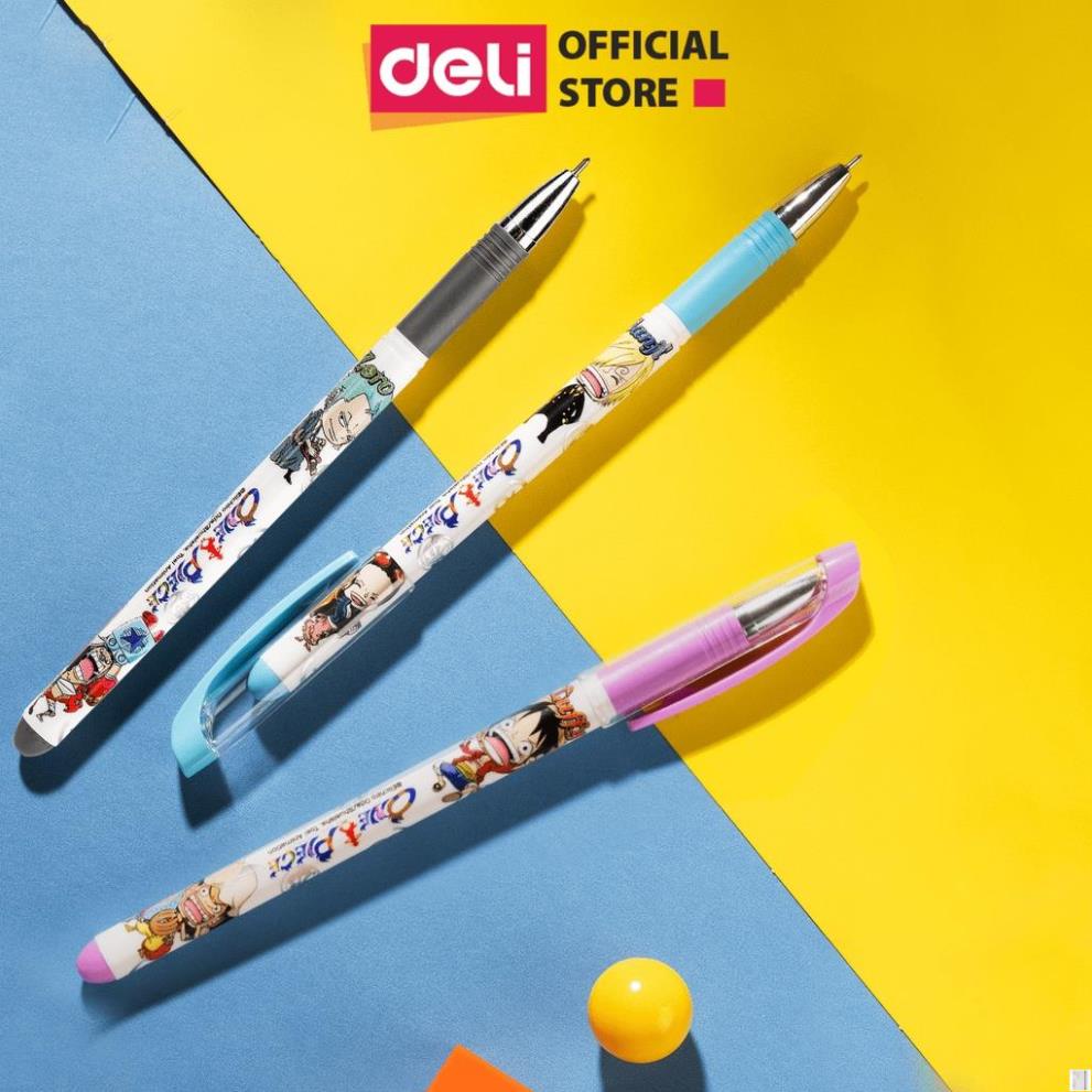 Bút bi nước học sinh mực gel đen/xanh/tím One Piece Vui Hải Tặc Deli nhanh khô lâu hết mực viết đều nét - CG13 - Deli