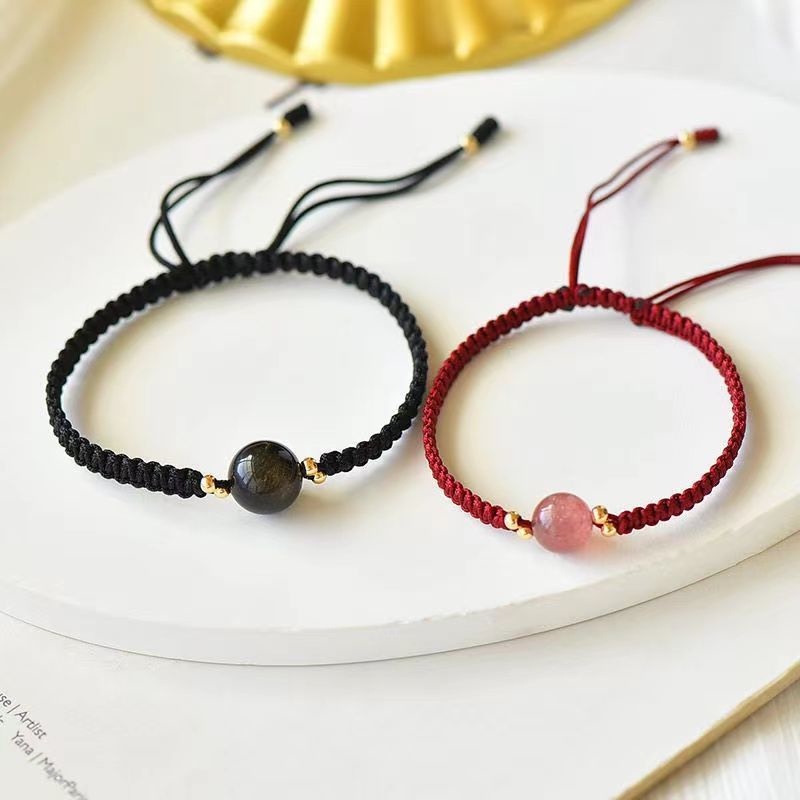 Vòng Tay Dây Bện Xỏ Hạt Đá Obsidian Dâu Tây May Mắn Thời Trang Có Thể Điều Chỉnh Cho Cặ