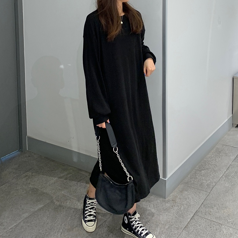 Đầm dài qua gối SUXI cổ tròn dáng rộng màu sắc đơn giản thời trang mùa thu dành cho nữ