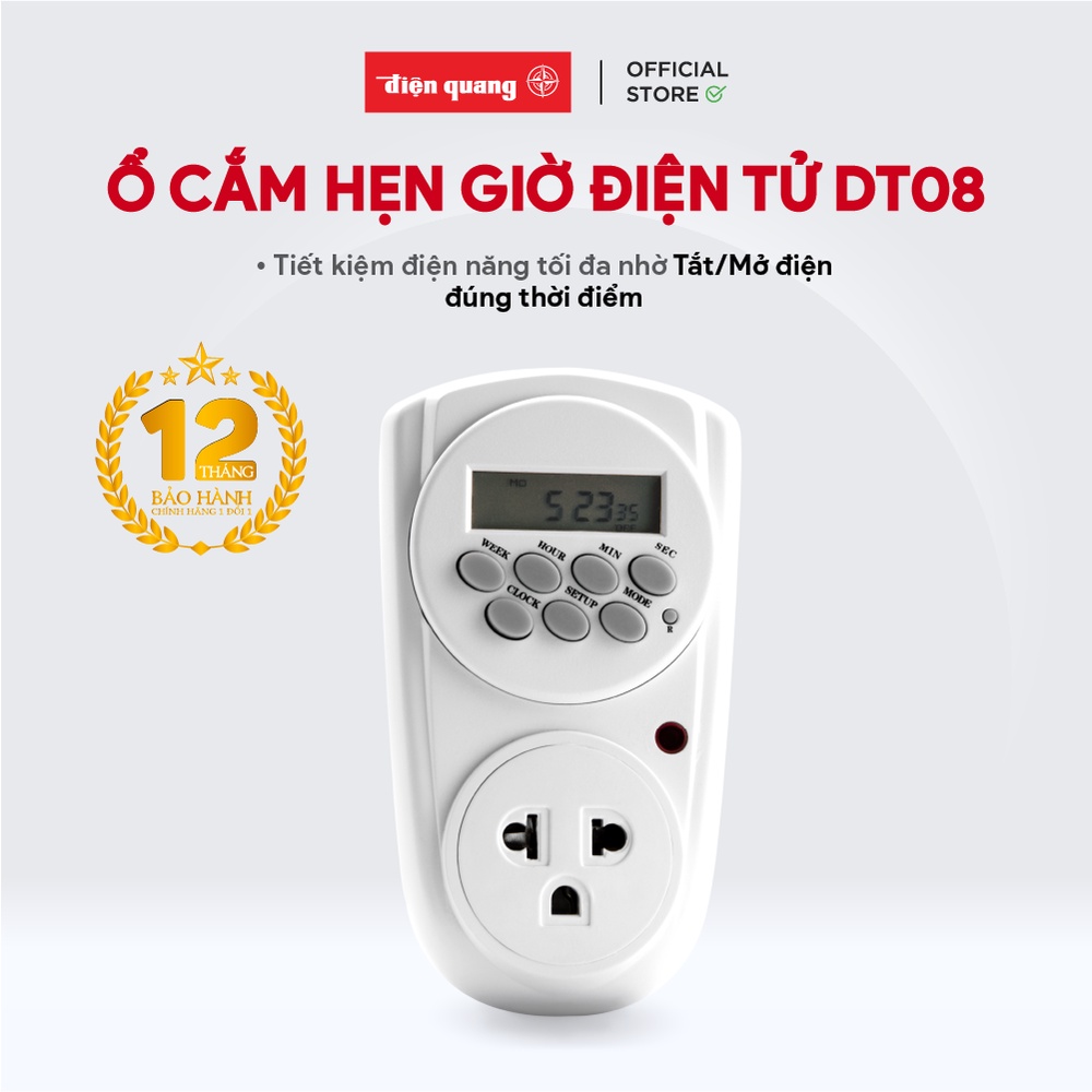 Ổ cắm hẹn giờ Điện Quang ĐQ ESK DT08 W 13 (Điều chỉnh điện tử, 1 lỗ - 3 chấu, trắng)