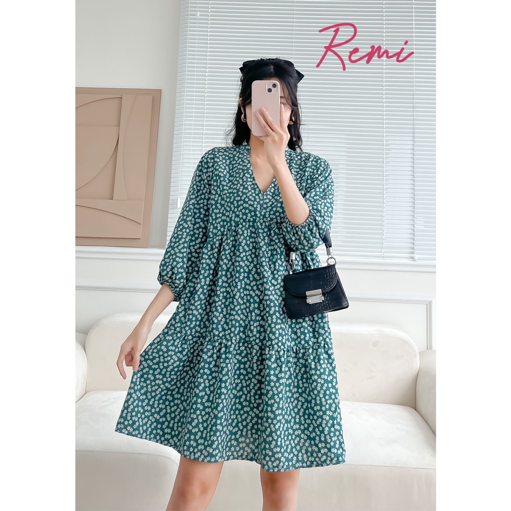 REMI Đầm babydoll tay lững hoạ tiết hoa nhí dáng tiểu thư - Mini Daisy Dress Blue dáng xoè rộng bầu mặc thoải mái