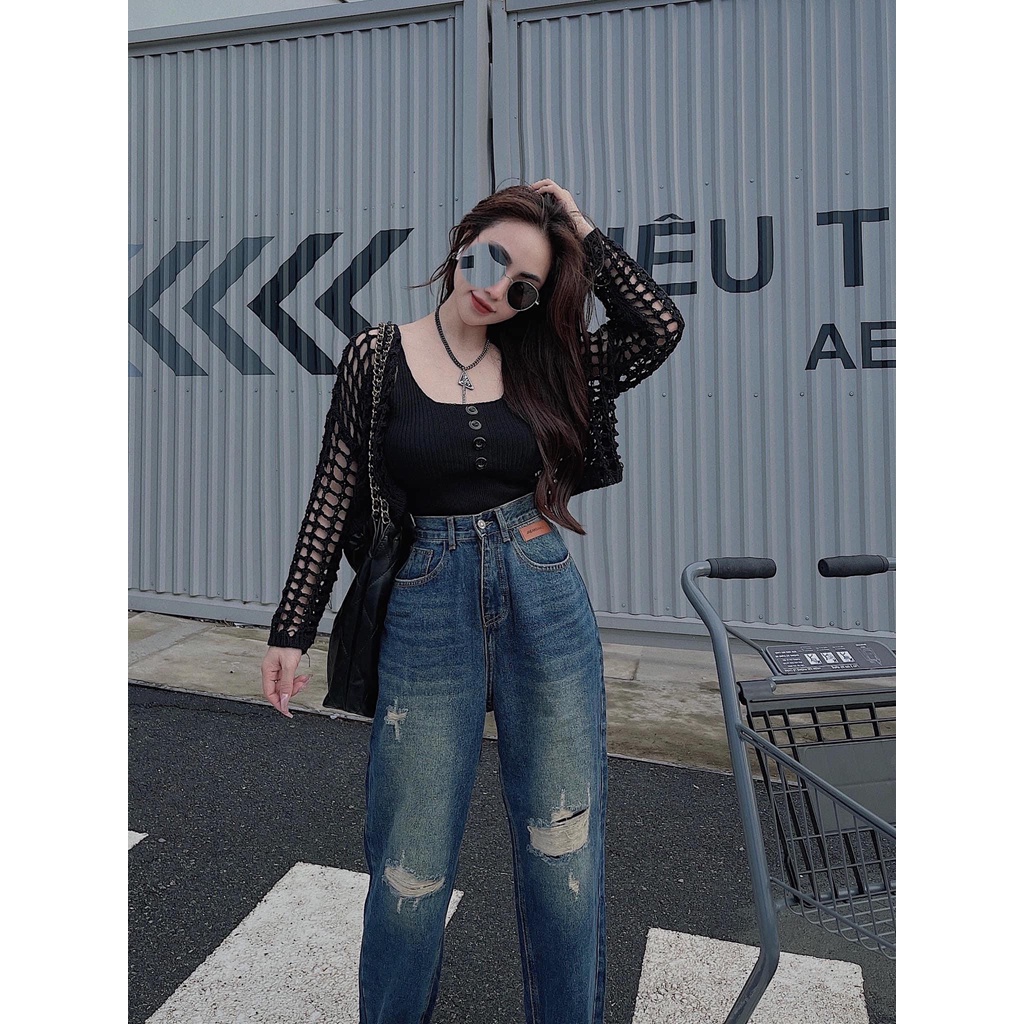 [BGDM291] QUẦN BAGGY JEANS NỮ LƯNG CAO RÁCH 2 MẢNG GỐI PHẢI 1 MẢNG GỐI TRÁI PHỐI MẠC DA MÀU XANH ĐẬM BỤI BẶM