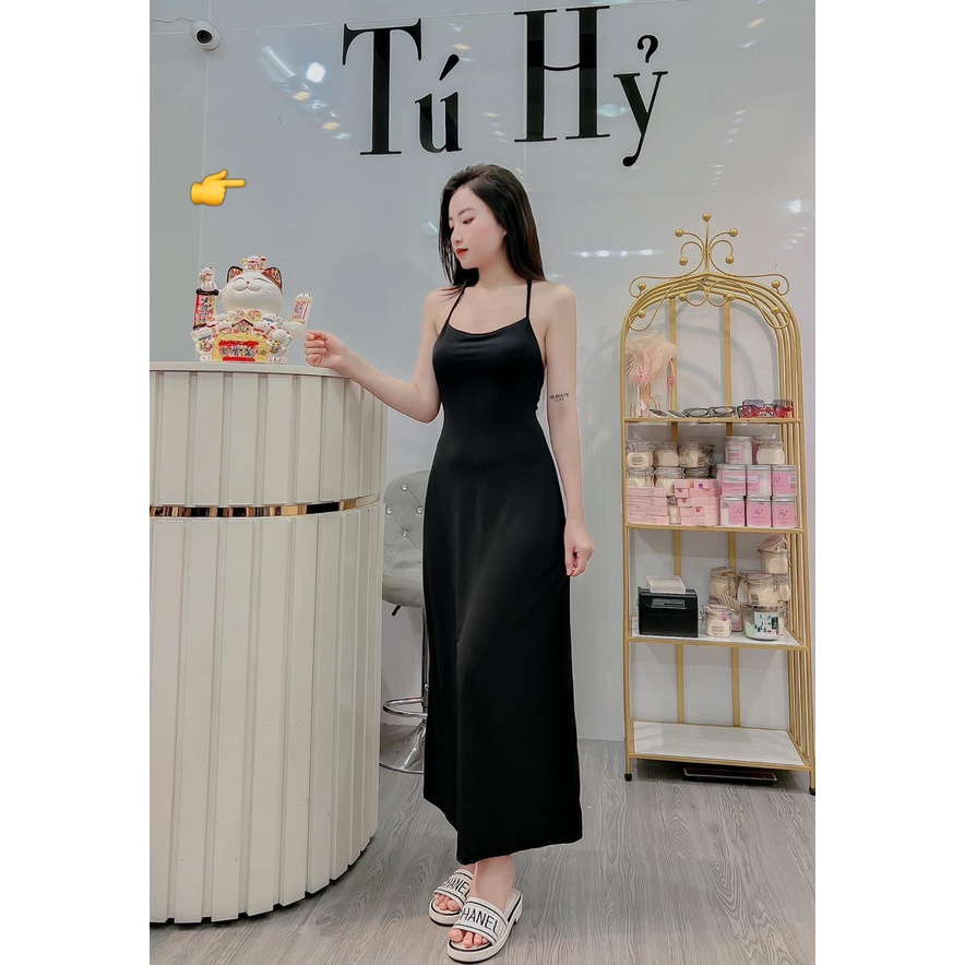 Đầm 2 dây 1 dây dài đứng sau lưng dáng dài xòe nhẹ chất thun gân