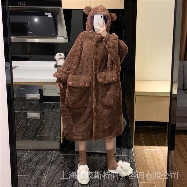 Đầm Ngủ Tay Dài Có Nón Trùm Tai Gấu Bằng Vải Bông Dễ Thương Thời Trang Thu Đông Dành Cho Bạn Nữ