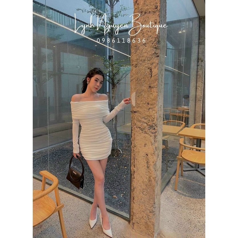 (Sale FreeShip) Đầm body nhún tay dài đi tiệc,đầm thiết kế bẹt vai sang chảnh,hàng chuẩn shop diện lên chanh sả luôn ạ