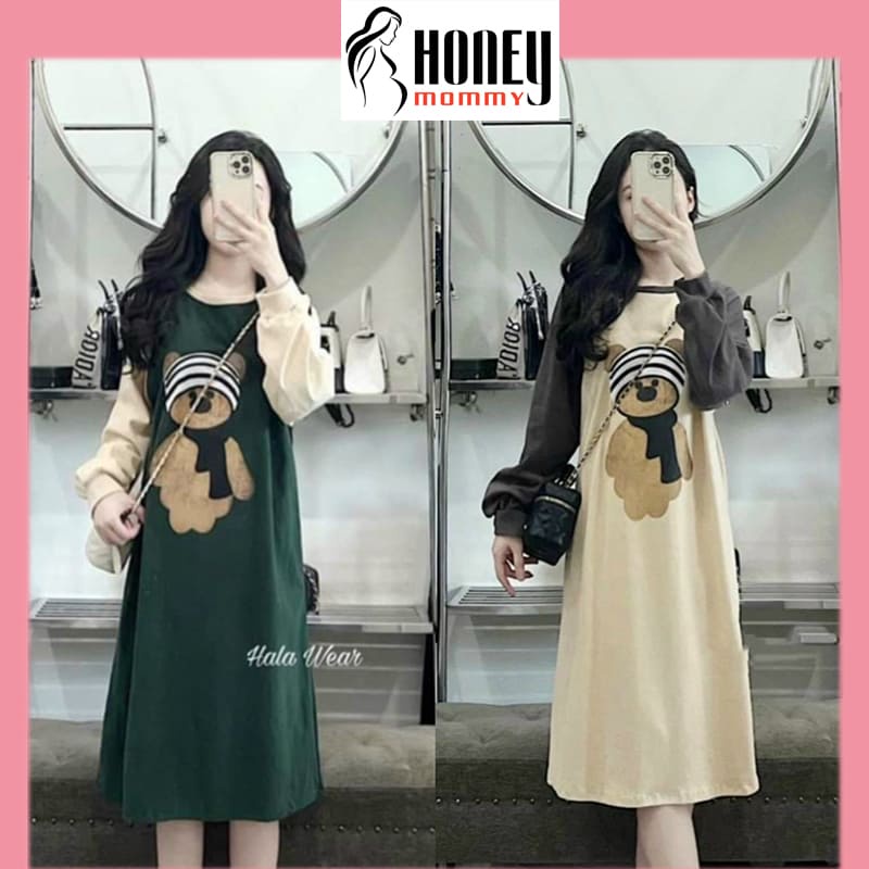 Đầm Bầu Váy Bầu Thu Đông Chất Nỉ Da Cá Dày Dặn In Hình Dễ Thương Dáng Xuông Cổ Tròn HD4829 Honey Mommy