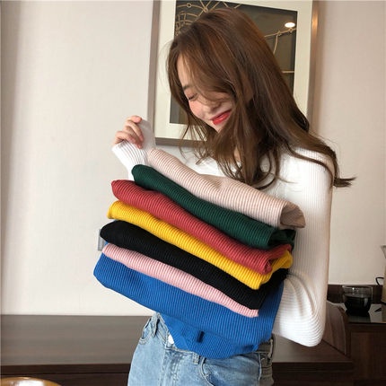 Áo Len Cổ Tròn Dài Tay Dệt Kim Màu Trơn Basic Dáng Ôm