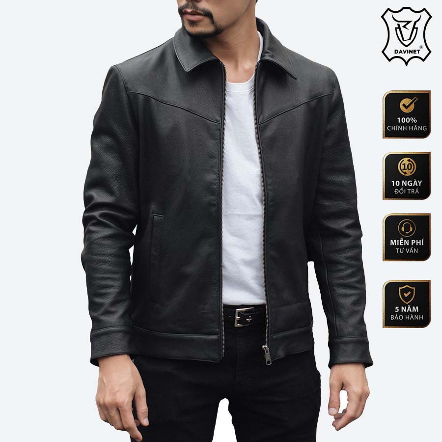 Áo Khoác Da Xịn Trucker DAVINET Am22-03, Da Xịn, Siêu Bền, Mềm Nhẹ, Bảo Hành 5 Năm