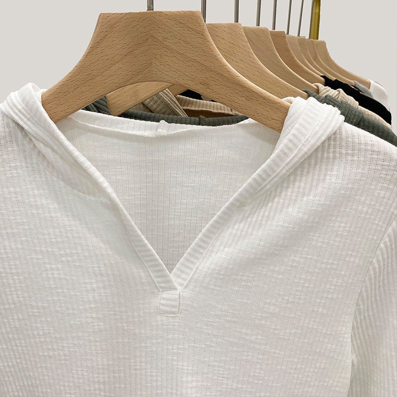 COZOK Áo Thun Tay Dài Có Nón Cổ Chữ V Dáng Ôm Thời Trang Cho Nữ