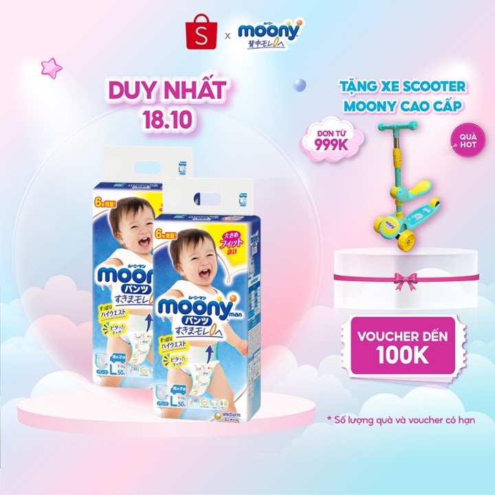 Combo 2 Tã quần Moony cao cấp L50/XL44 Bé Gái (Girl) - Nhập khẩu từ Nhật Bản