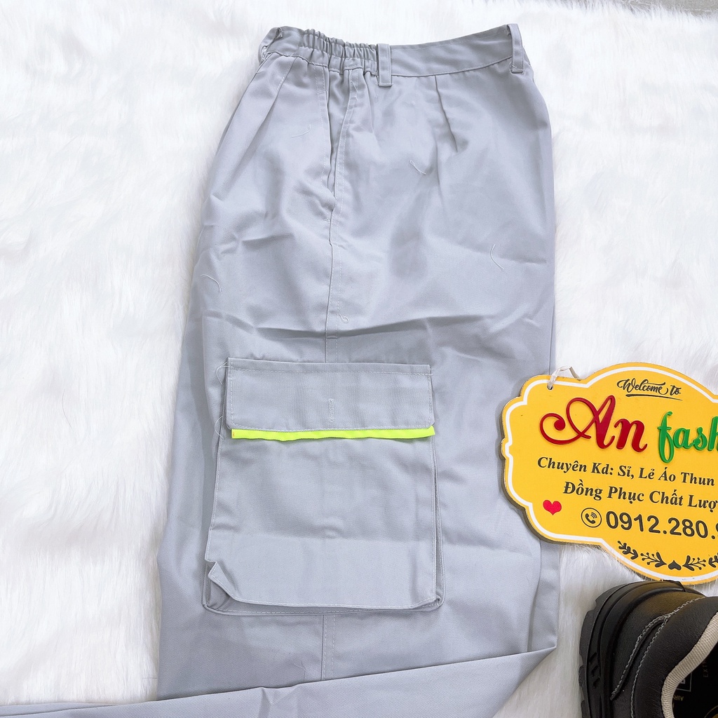 Đồ bảo hộ lao động, Quần áo công trình vải kaki may đẹp màu xám phối xanh tay ngắn _ Hình chụp thật