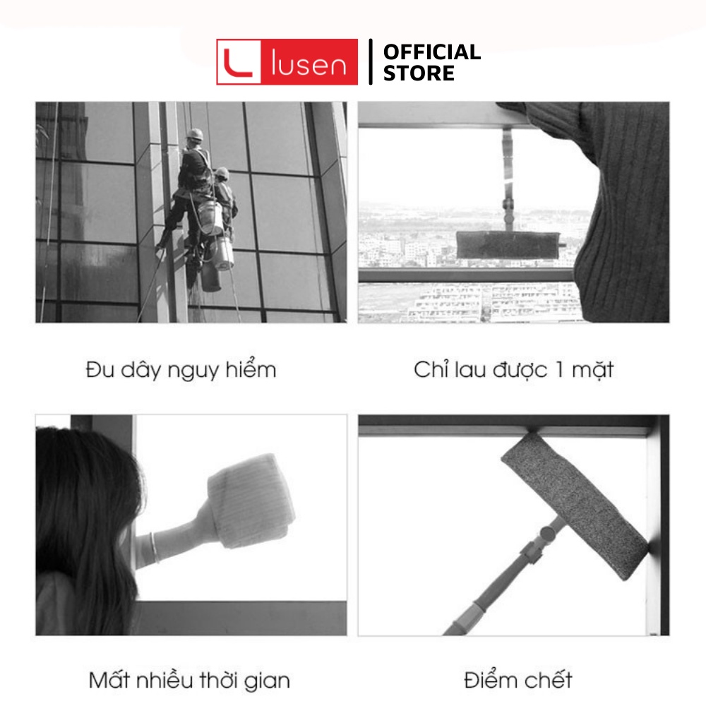 Lau kính 2 mặt Lusen A1 cao cấp, cây gạt kính chung cư hít nam châm, Bộ dụng cụ vệ sinh cửa kính thông minh chính hãng