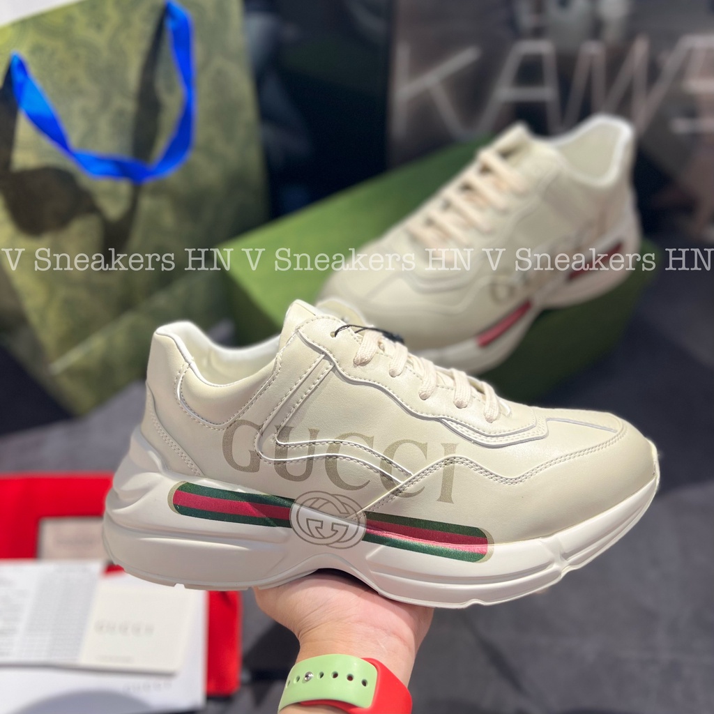 Giày Thể Thao Gucci Rhyton Logo Leather Rhyton Chunky Logo chữ ngang 5D Cao Cấp Tăng Chiều Cao Nam Nữ