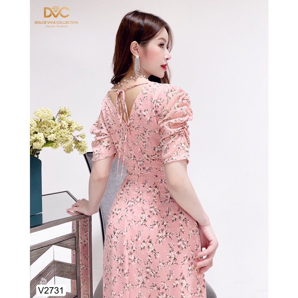 VÁY HỒNG VOAN CÁT CỔ V HỌA TIẾT HOA NHÍ V2731-DVC