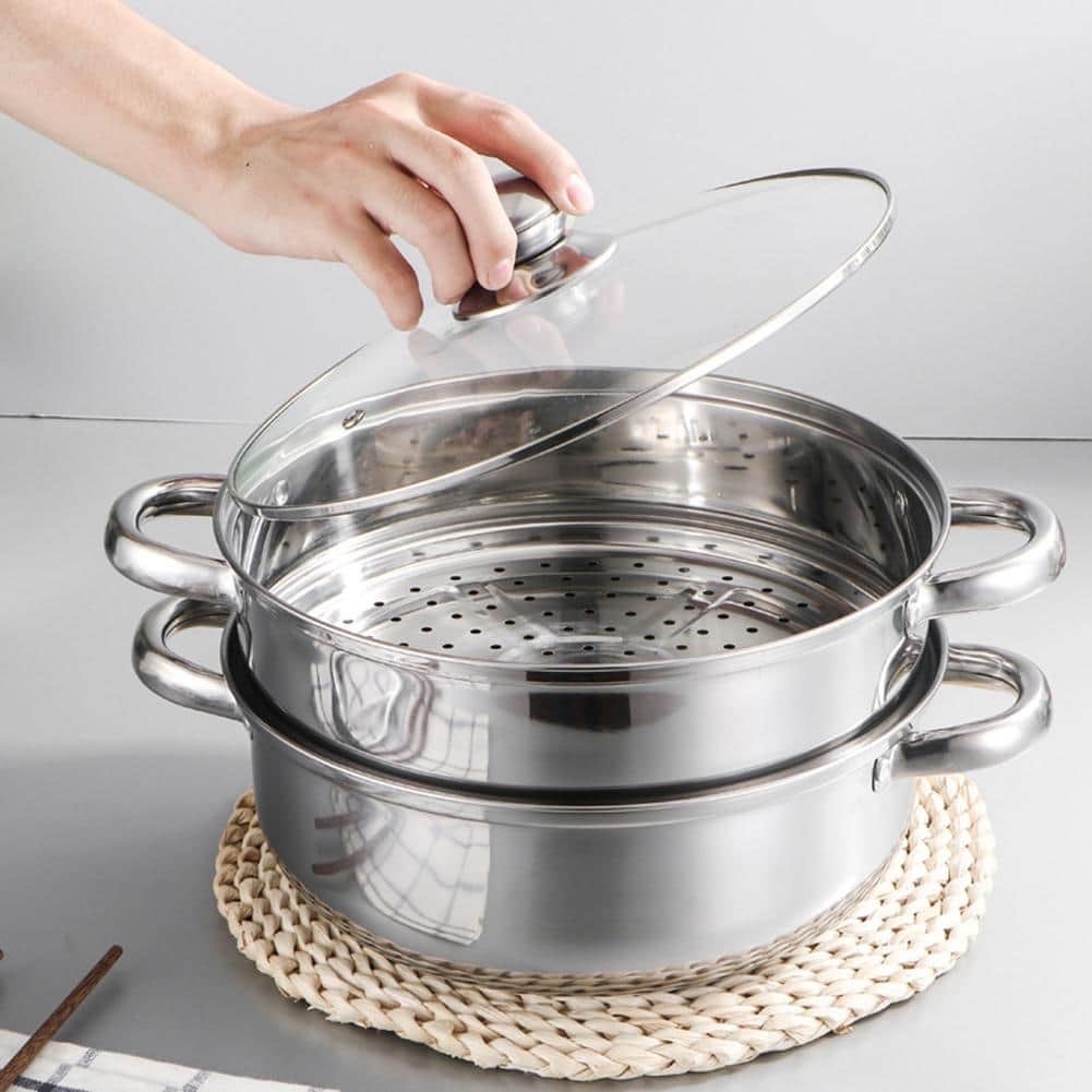 Xửng hấp inox 2 tầng cao cấp_ Nồi hấp nắp kính 28cm
