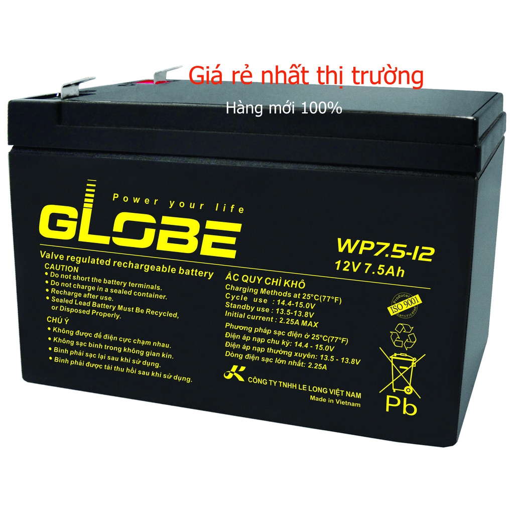 Bình Ắc Quy Khô Globe 12V7.5Ah - WP7.5-12 MỚI 100% cho Bộ lưu điện UPS, xe đạp điện