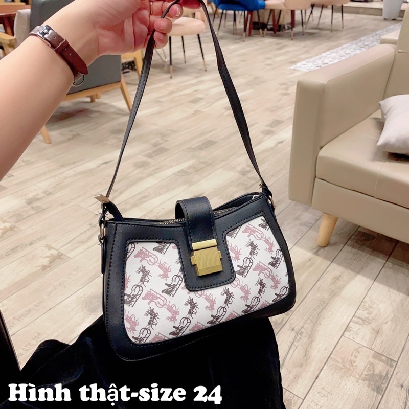 Túi kẹp nách đeo chéo kẻ sọc khoá vuông thời trang nữ cao cấp giá rẻ Diomi